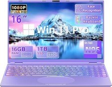 16″ Purple Laptop,1920×1200 FHD IPS Display, DDR4 16GB RAM 1TB SSD, Quad-Core N9