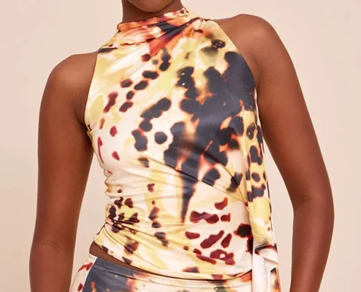 80% off | Women’s Abstract Print Double Layer Slinky Drape Detail High Neck Top