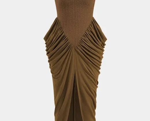 Ruched Sleeveless Round Neck Slit Maxi Dress