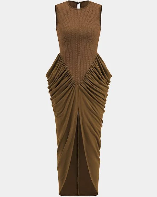 Ruched Sleeveless Round Neck Slit Maxi Dress