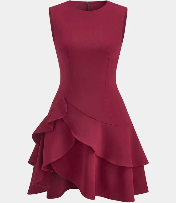 Asymmetrical Round Neck Ruffle Hem Sleeveless Mini Dress