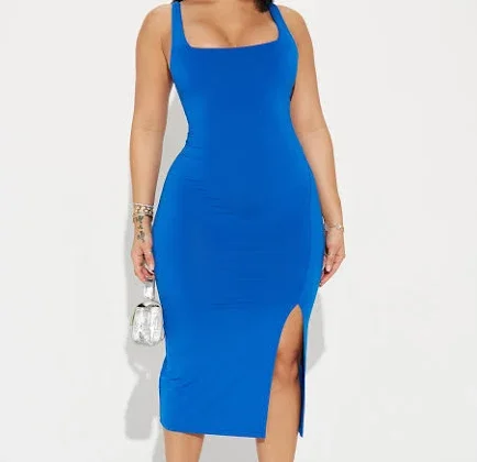49% off | High Slit Square Neck, Kiss Me Midi Dress in Blue, Size S, | Fashion Nova