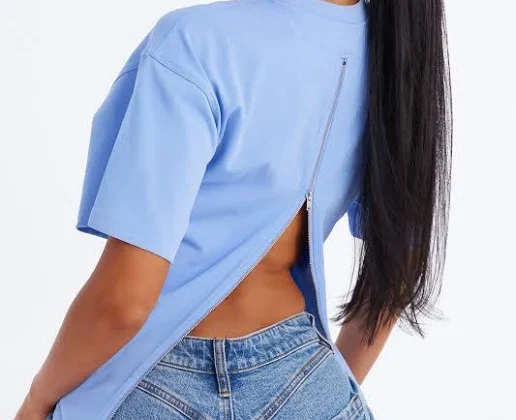 29% off | Zipper Detail Short Sleeve T-Shirt in Periwinkle, Size S | Fashion Nova