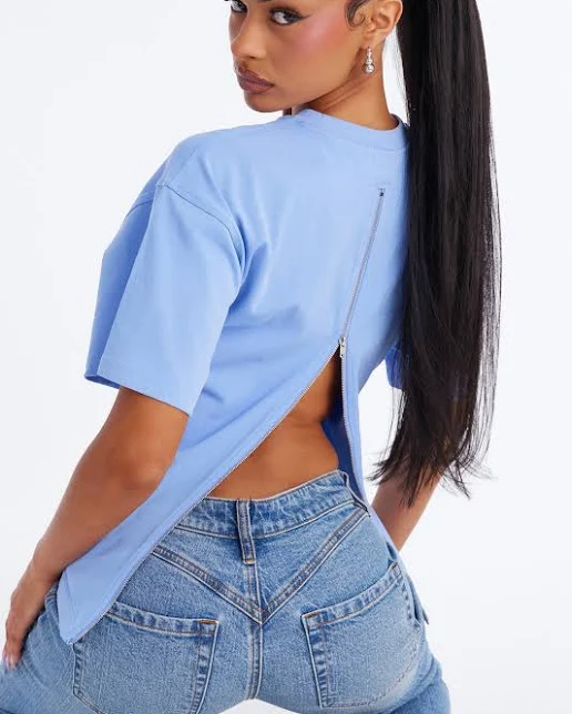 29% off | Zipper Detail Short Sleeve T-Shirt in Periwinkle, Size S | Fashion Nova