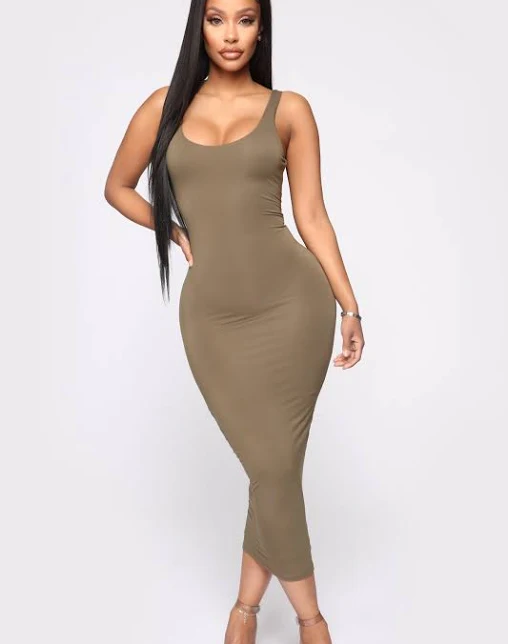 40% off | Sleeveless Rayon Blend Scoop Neck, Your Needs Met Dress in Olive, Size S, | Fashion Nova