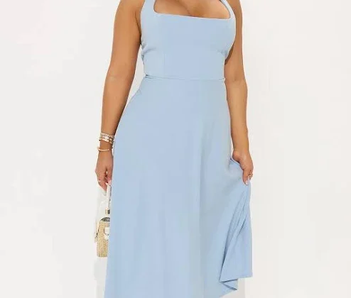 30% off | Crepe Square Neck, Alena Midi Dress in Blue, Size L, For Brunch | Fashion Nova