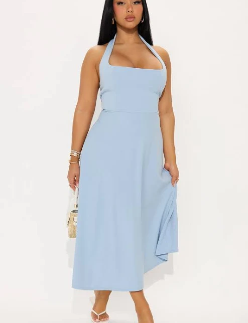 30% off | Crepe Square Neck, Alena Midi Dress in Blue, Size L, For Brunch | Fashion Nova